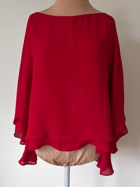 Alice + Olivia Flowy Silk Dolman Sheer Chiffon Boat Neckline Red Blouse NWT Sz S